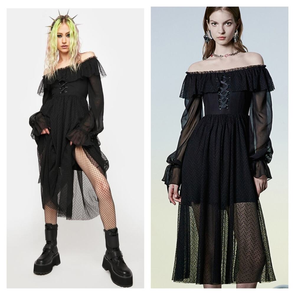 Punk Rave Warning Series Texture Chiffon Midi Dress Small